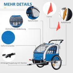 HOMCOM Otroška Prikolica Kolesarska Prikolica Zastavica, Dežna Prevleka, Zračna, Tkanina Oxford, Modra, 155X88X108Cm 