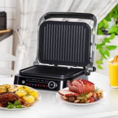 HOMCOM Električni Žar Kontaktni Žar 95° Zložljiv, Optigrill, Inteligentni Časovni Nadzor, 2100W, 8 Načinov, 38X33X20Cm 