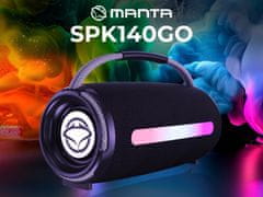 Manta SPK140GO prenosni zvočnik, BT 5.3, FM Radio, 20W, TWS, baterija, RGB LED, ročaj, črn