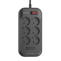 LDNIO Napajalni trak s 6 vtičnicami, 4x USB, LDNIO SE6403, 2m (črna)