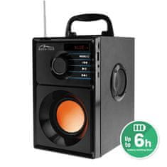 slomart Media-Tech BOOMBOX BT 15 W Stereo prenosni zvočnik, črn, z vgrajenim radiem, Bluetooth povezavo, daljinskim upravljalnikom, leseno ohišje in do 6 ur delovanja baterije.