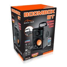 slomart Media-Tech BOOMBOX BT 15 W Stereo prenosni zvočnik, črn, z vgrajenim radiem, Bluetooth povezavo, daljinskim upravljalnikom, leseno ohišje in do 6 ur delovanja baterije.