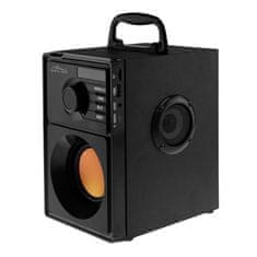 slomart Media-Tech BOOMBOX BT 15 W Stereo prenosni zvočnik, črn, z vgrajenim radiem, Bluetooth povezavo, daljinskim upravljalnikom, leseno ohišje in do 6 ur delovanja baterije.