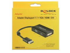 Delock DeLOCK 0,16 m DisplayPort na VGA + HDMI + DVI, podpora za ločljivosti do 1920 x 1200, črn kabel, ženski in moški priključek, paket v škatli.