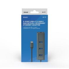 SAVIO Savio AK-57 USB-C HUB s 3 USB-A priključki in RJ-45 Gigabit Ethernet adapterjem, 5000 Mbit/s, siva aluminijasta ohišje