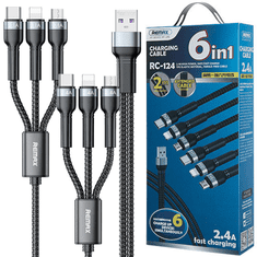 REMAX MULTIFUNKCIJSKI KABEL REMAX JANY SERIES 6-V-1 Z USB, 2 X MICRO USB, 2 X USB TYPE C, 2 X LIGHTNING KONEKTORJI, DOLŽINA 2 M, ČRN (RC-124)