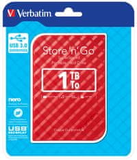 Verbatim Verbatim Store 'n' Go USB 3.0 Zunanji Trdi Disk, 1TB, Rdeč, Hitrost Prenosa 4800 Mbit/s, Kompatibilen z Windows in Mac, Enostavna Povezava Plug and Play