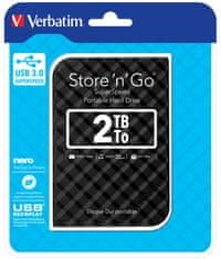 Verbatim Verbatim Store 'n' Go USB 3.0 External Trdi Disk 2TB Črn - Hitrost prenosa do 4800 Mbit/s, združljiv z Windows in Mac OS, Plug and Play, kompakten in lahek.