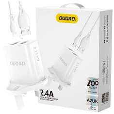 DUDAO DUDAO OMREŽNI POLNILEC Z VTIČEM UK (VELIKA BRITANIJA) 2XUSB-A 2.4A BEL + USB-A - KABEL MICROUSB 1M