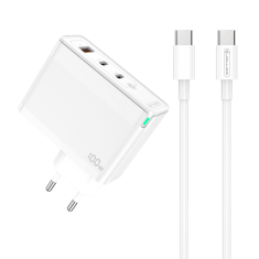 Adapter hišni polnilec 220V Gun QC 100W vhod 1x USB A (22,5W) in 2x Type C (1x 65W + 1x 35W) + kabel Type C - Type C - Original (EU Blister) bel