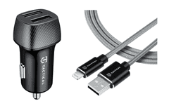 Avtopolnilec 2x USB-A QC 24W 3A s kablom Ligntning LICENČNI POLNILEC- siv