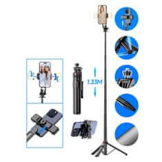 MG Tripod Bluetooth selfie stick z LED lučko 1.3m, črna