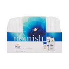 Dove Nourish Favorites Beauty Bag Set gel za prhanje Advanced Care Deeply Nourishing 225 ml + losjon za telo Essential Care 250 ml + trdi antiperspirant Original 48H 40 ml + kozmetična torbica za ženske