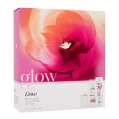 Dove Glow Bath & Body Collection Set gel za prhanje Advaced Care Glowing 225 ml + losjon za telo Body Love Glowing Care 250 ml + dišeča svečka za ženske