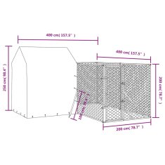 Vidaxl Zunanja pasja ograda s streho srebrna 4x4x2,5 m pocinkano jeklo