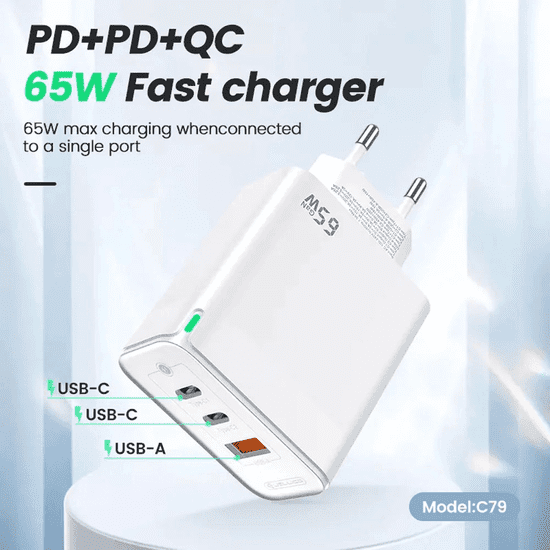 Hišni polnilec adapter C79 220V Gun Quick Charge PD 65W vhod 1x USB A in 2x Type C - s kablom Type C - Type C 3.0 bel