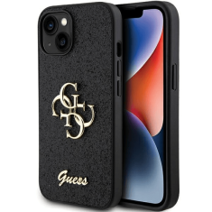 Guess GUHCP15SHG4SGK silikonski ovitek za iPhone 15 - črn z bleščicami in zlatim logom