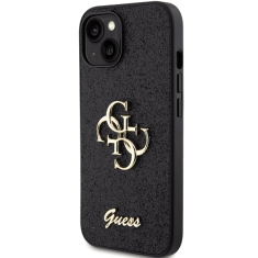 Guess GUHCP15SHG4SGK silikonski ovitek za iPhone 15 - črn z bleščicami in zlatim logom