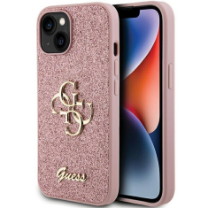 Guess GUHCP15SHG4SGP silikonski ovitek za iPhone 15 - roza z bleščicami in zlatim logom