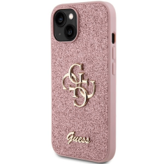 Guess GUHCP15SHG4SGP silikonski ovitek za iPhone 15 - roza z bleščicami in zlatim logom