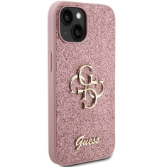 Guess GUHCP15SHG4SGP silikonski ovitek za iPhone 15 - roza z bleščicami in zlatim logom