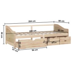 Vidaxl Trosed z ležiščem in predali trdna borovina 90x200 cm