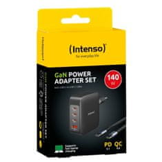 Intenso 140W GaN napajalnik s priključkom 3xUSB-C in 1xUSB-A ter priloženim 2M 200W USB-C kablom