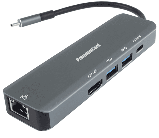 PremiumCord USB-C s HDMI, 2x USB3.2, PD 100W, RJ45