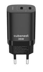 CubeNest S2D1 GaN Adapter 35W črn (2× USB-C do 35 W), PD, prenapetostna in prenapetostna zaščita, s tehnologijo GaN, za iPhone