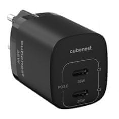 CubeNest S2D1 GaN Adapter 35W črn (2× USB-C do 35 W), PD, prenapetostna in prenapetostna zaščita, s tehnologijo GaN, za iPhone