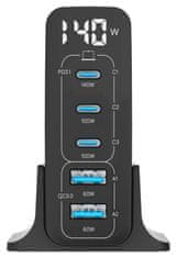 CubeNest S5D0 GaN Adapter 140 W (3 × USB-C do 140 W, 2 × USB-A do 60 W), PD 3.1, prenapetostna in prenizkonapetostna zaščita, zaslon