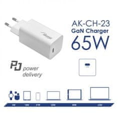 Akyga Univerzalni polnilec USB-C PD 5-20V / max 3,25A 65W Quick Charge 3.0 GaN, bel