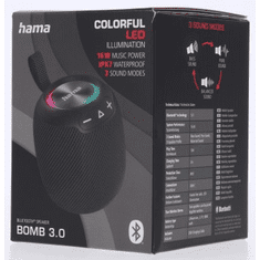 Hama Bomb 3.0, zvočnik Bluetooth, 16 W, vodoodporen IPX7, LED osvetlitev, črn