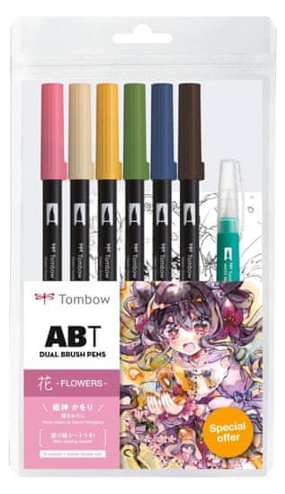 Tombow ABT set obojestranskih markerjev Manga Flower 6 kosov + čopič za vodo