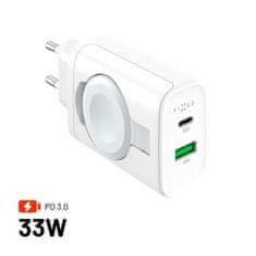 Polnilec FIXED Power Socket z izhodoma USB-A in USB-C ter obračalnim polnilnikom za Apple Watch, 33 W, bel, iz električnega omrežja