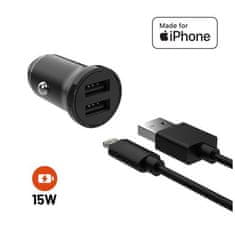 Komplet avtomobilskega polnilnika FIXED z izhodom 2xUSB in kablom USB/Lightning, 1 meter, certifikat MFi, 15W Smart Rapid Charge, črn