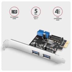 AXAGON PCEU-232RS, krmilnik PCIe, 2+2x vrata USB 5Gb/s, napajanje SATA, Renesas PD720201, SP in LP