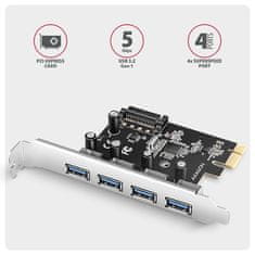 AXAGON PCEU-430RS, krmilnik PCIe, 4x vrata USB 5Gb/s, napajanje SATA, Renesas PD720201, SP