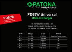 Napajalnik PATONA ntb/ 18,5-20V 65W/ 6 priključkov/ UNI/ USB-C/ Dostava energije