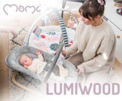 MoMi Lumiwood Gray otroški gugalnik / zibelka, melodije, igrače, pasovi, zložljiv, lesen