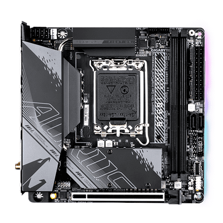 Gigabyte Gigabyte | B760I AORUS PRO 1.0 | Družina procesorjev Intel | Procesorska vtičnica LGA1700 | DDR5 DIMM | Pomnilniške reže 2 | Podprti vmesniki za trdi disk SATA, M.2 | Število priključkov SATA 2 | Čipi