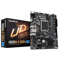 Gigabyte Gigabyte | H610M K DDR4 1.0 M/B | Družina procesorjev Intel | Procesorska vtičnica LGA1700 | DDR4 DIMM | Pomnilniške reže 2 | Podprti vmesniki za trdi disk SATA, M.2 | Število priključkov SATA 2 | Čip