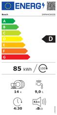 Bosch Bosch | Pomivalni stroj | SMP4HCW03S | Vgradni | Širina 60 cm | Število nastavkov 14 | Število programov 6 | Razred energijske učinkovitosti D | Funkcija AquaStop | Bela