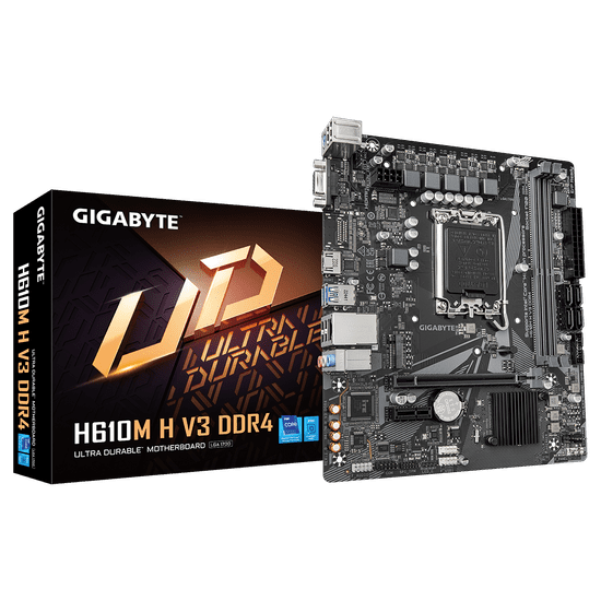 Gigabyte Gigabyte | H610M H V3 DDR4 | Družina procesorjev Intel | Procesorska vtičnica LGA1700 | DDR4 DIMM | Podprti vmesniki trdega diska M.2, SATA | Število priključkov SATA 4