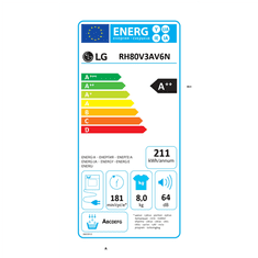 LG LG | RH80V3AV6N | Sušilni stroj | Razred energijske učinkovitosti A++ | Prednje polnjenje | 8 kg | LED | Globina 69 cm | Wi-Fi | Bela