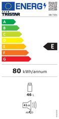 Tristar Tristar | Hladilnik | KB-7351 | Razred energijske učinkovitosti E | Prostostoječi | Shramba | Višina 48,5 cm | Neto prostornina hladilnika 46 L | 41 dB | Bela