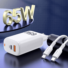 Adapter hišni polnilec 220V Gun Quick Charge 65W vhod 1x USB A in 1x Type C - s kablom Type C - Type C 3.0 bel