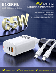 Adapter hišni polnilec 220V Gun Quick Charge 65W vhod 1x USB A in 1x Type C - s kablom Type C - Type C 3.0 bel