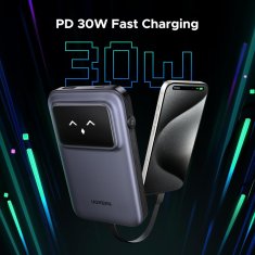 Ugreen Uno 10.000mAh 30w QC polnilna prenosna baterija z vgrajenim USB-C kablom