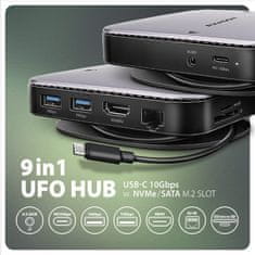 AXAGON HMC-UFO, vozlišče USB 10 Gb/s, 2x USB-A, USB-C, HDMI 4k/60, RJ-45, reža M.2, SD/mSD, zvok, PD